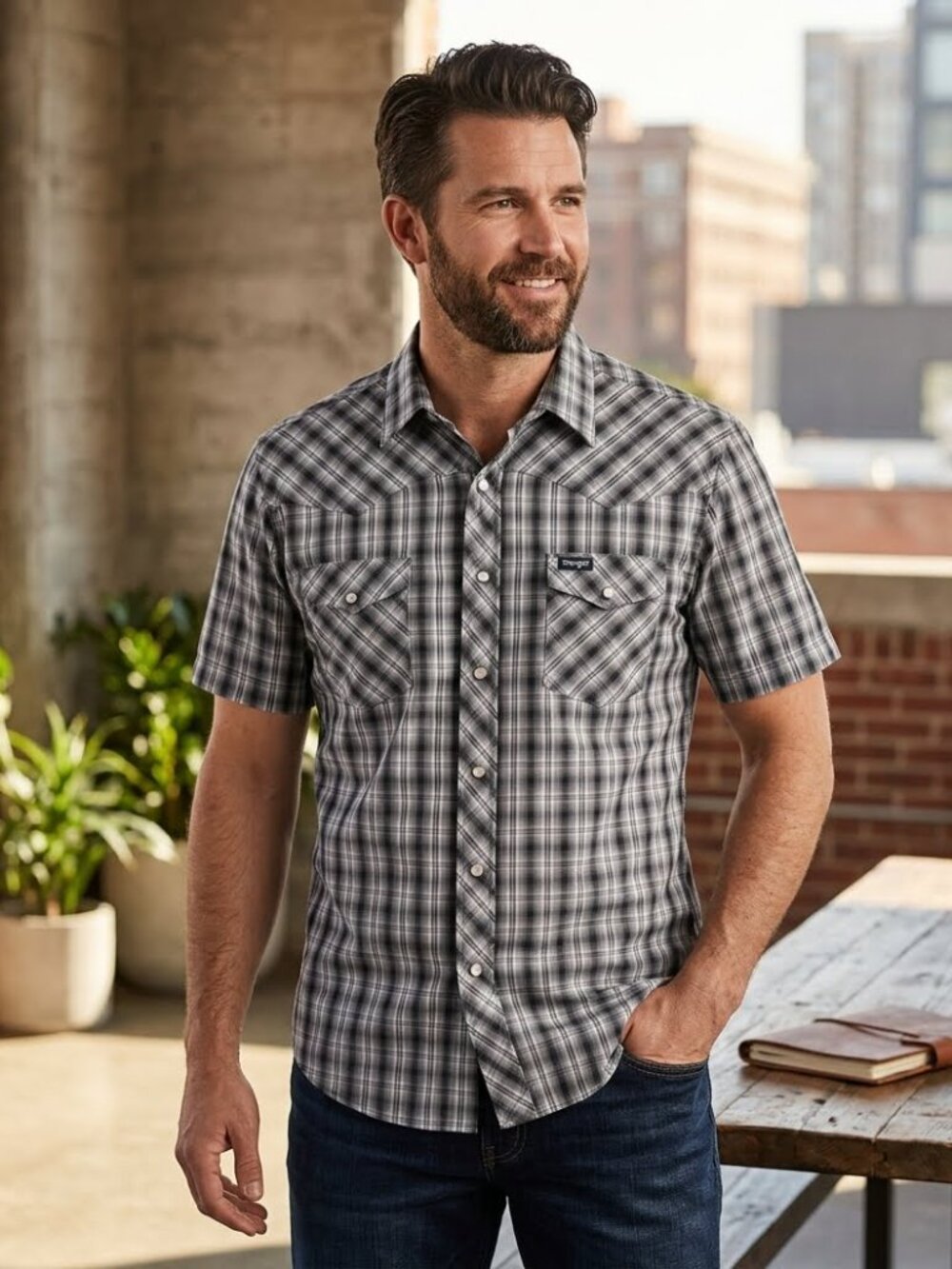 Mens Wrangler Western Shirt black/white/ gray plaid  NWT Size  XL (50"chest)